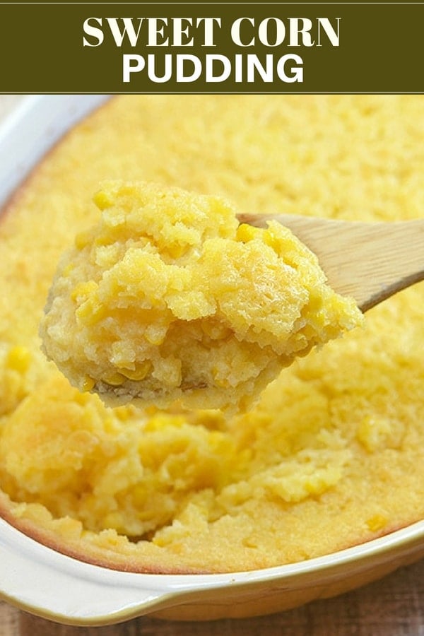 serving sweet corn pudding with a wooden spoon