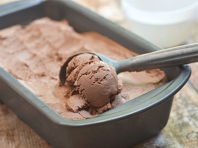 No-churn Chocolate Ice cream in a metal loaf pan