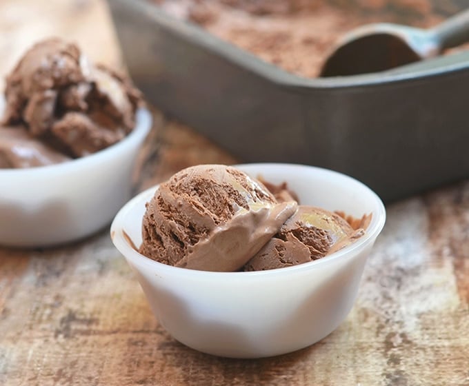 Chocolate ice cream in white dessert bowls