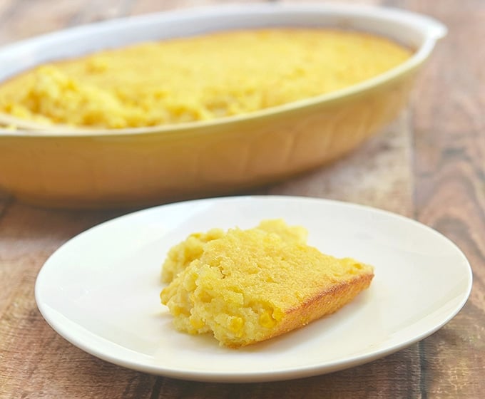 baked sweet corn casserole in a serving plate
