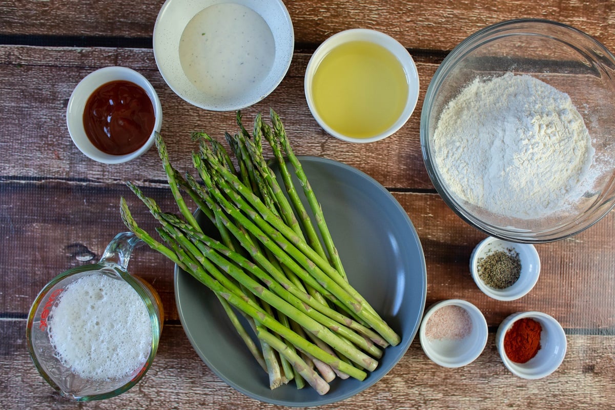 asparagus spears, beer, flour, seasonings, oil