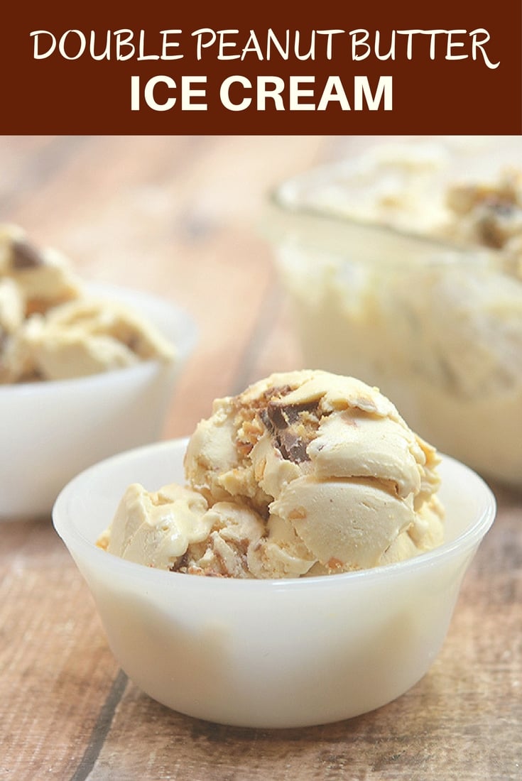 Double Peanut Butter Ice Cream with chunks of Reese's peanut butter cups in a rich peanut butter ice cream. So easy to make with only 4 ingredients and no churn or ice cream maker needed!