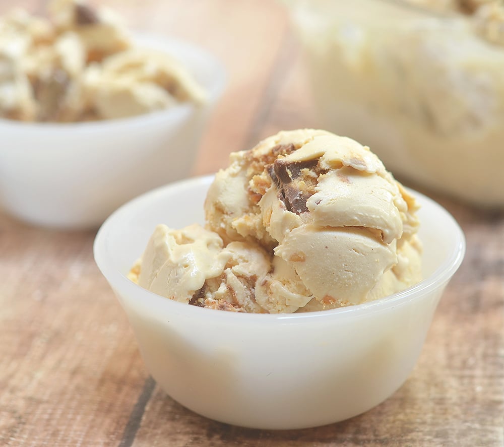 No churning needed for this double peanut butter ice cream with big chunks of peanut butter cups!