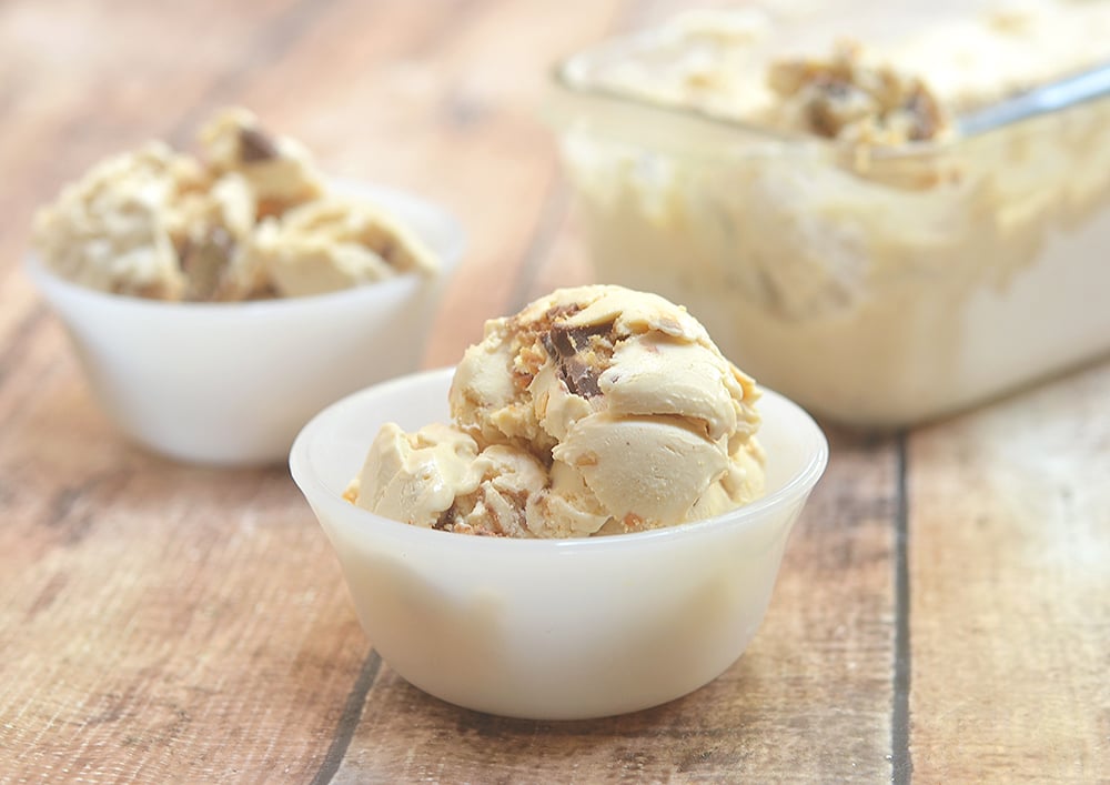 Double Peanut Butter Ice Cream with chunks of Reese's peanut butter cups in a rich peanut butter ice cream. So easy to make with only 4 ingredients and no churn or ice cream maker needed!