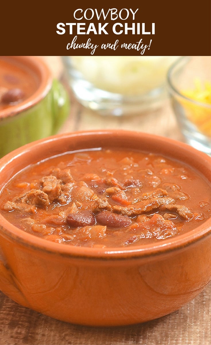 Cowboy Steak Chili with diced beef and tender beans in a smoky, chili-spiced tomato gravy is the ultimate chilly day food. Serve with cornbread for a hearty dinner or set out with various fixings for DIY game day eats!