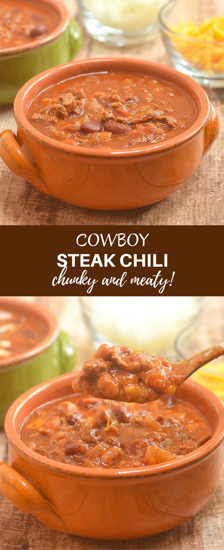 Cowboy Steak Chili with diced beef and tender beans in a smoky, chili-spiced tomato gravy is the ultimate chilly day food. Serve with cornbread for a hearty dinner or set out with various fixings for DIY game day eats!