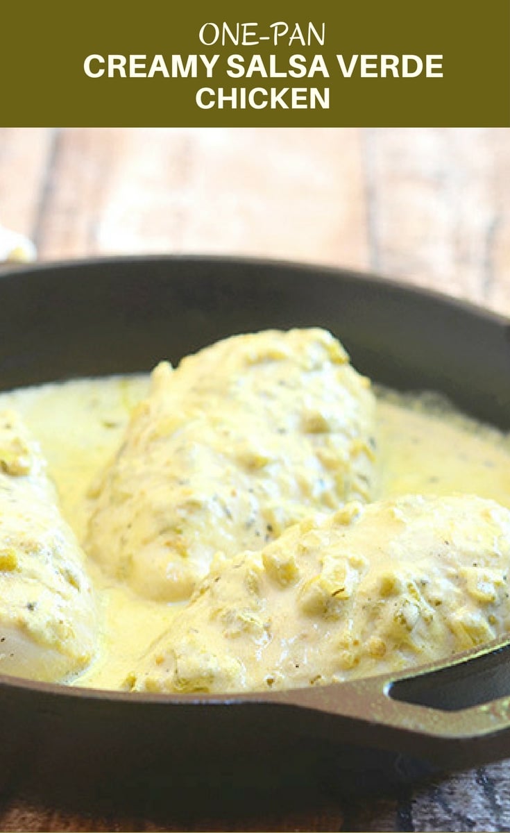 One-Pan Creamy Salsa Verde Chicken with moist chicken breasts in a flavorful green sauce is the perfect weeknight dinner. Only 5 ingredients and cooks in one pan!