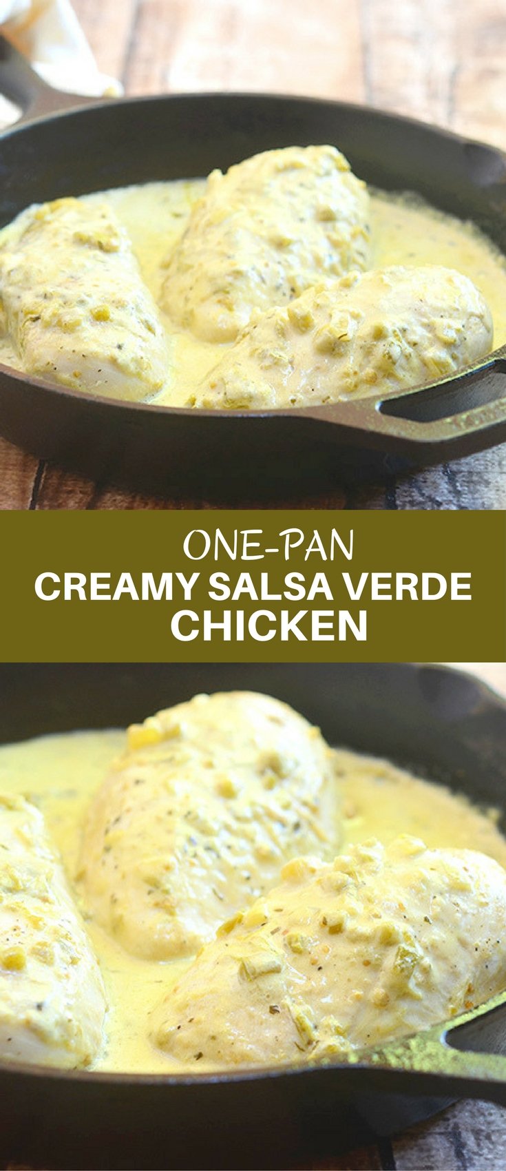 One-Pan Creamy Salsa Verde Chicken with moist chicken breasts in a flavorful green sauce is the perfect weeknight dinner. Only 5 ingredients and cooks in one pan!