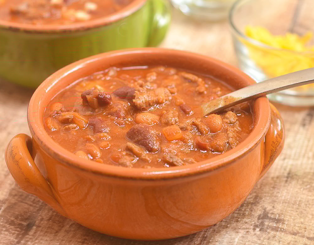 Cowboy steak chili with diced beef and beans is the ultimate comfort food. Serve with cornbread!