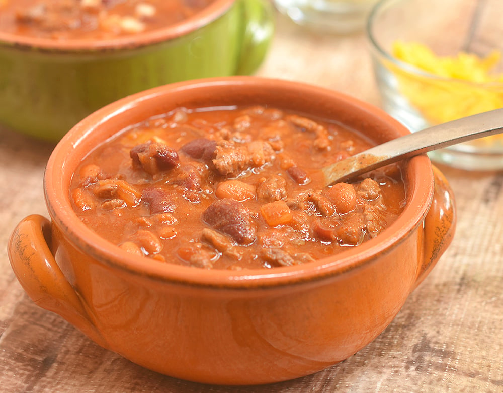 Cowboy steak chili with diced beef and beans is the ultimate comfort food. Serve with cornbread!