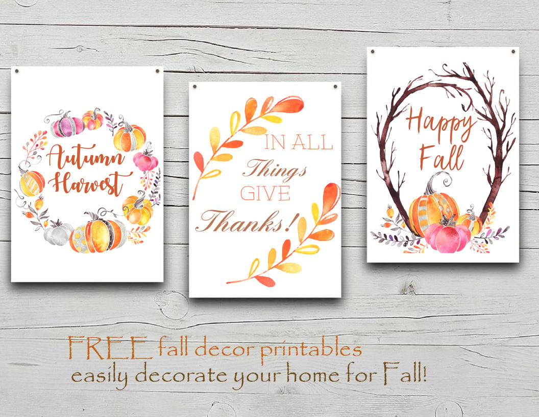 Fall Decor FREE Printables to easily update your home for Fall! They look amazing on the wall, on a countertop or anywhere you need a quick pop of Autumn colors. And they make great gifts, too!