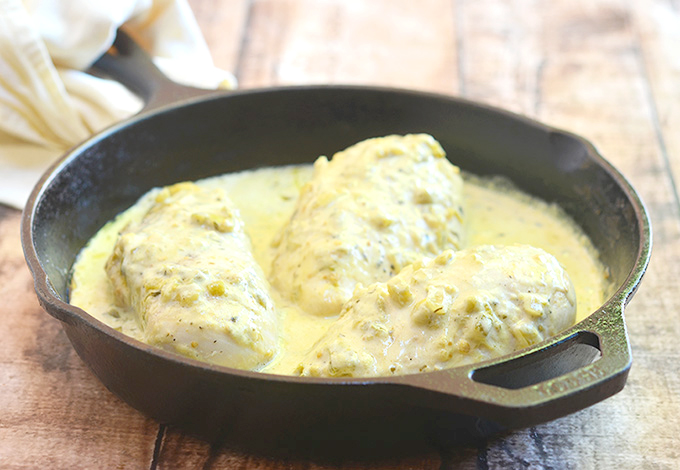 One-Pan Creamy Salsa Verde Chicken with moist chicken breasts in a flavorful green sauce is the perfect weeknight dinner. Only 5 ingredients and cooks in one pan!