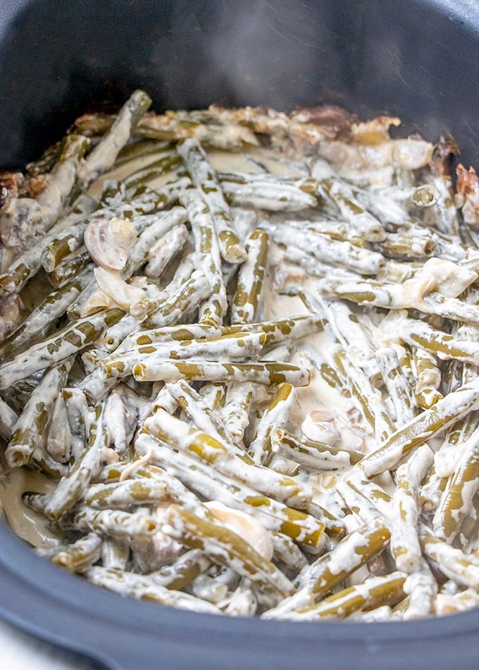 green beans with cream cheese sauce in the crockpot