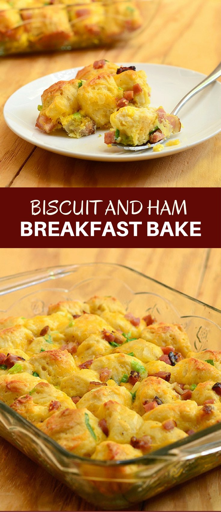 Biscuit and Ham Breakfast Bake with diced ham, tender biscuits, eggs, and cheese is a hearty casserole perfect for breakfast or brunch. Can be made ahead for busy work days!