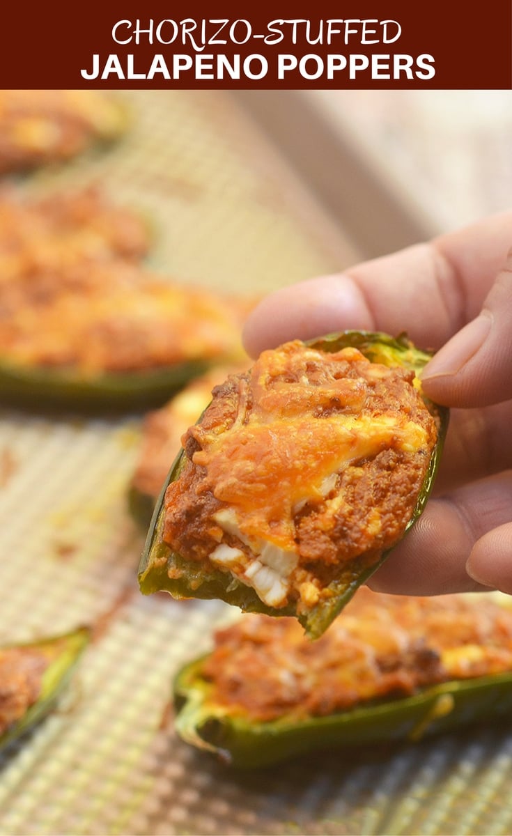 Chorizo-Stuffed Jalapeno Poppers filled with chorizo, cream cheese, and shredded Mexican cheese blend are the perfect game day eats! They're smoky, spicy, creamy and full of bold flavors you'll love in an appetizer!