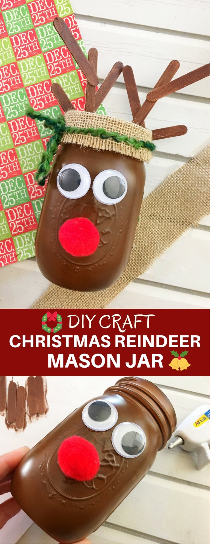 DIY Christmas Reindeer Mason Jar is perfect for holiday gift giving and home decorating. It's a fun and easy Christmas craft activity for the whole family!