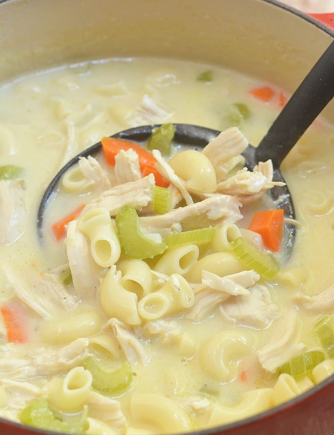 Easy Creamy Chicken Noodle Soup is the epitome of comfort food! Rich, creamy and loaded with moist chicken, noodles, tender vegetables, it's the best thing to warm up with all year round!