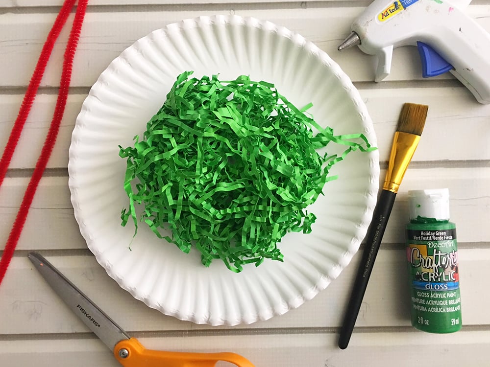 DIY Paper Christmas Wreath made with paper plate and shredded crinkle paper adds a festive touch to your holiday decor-materials needed