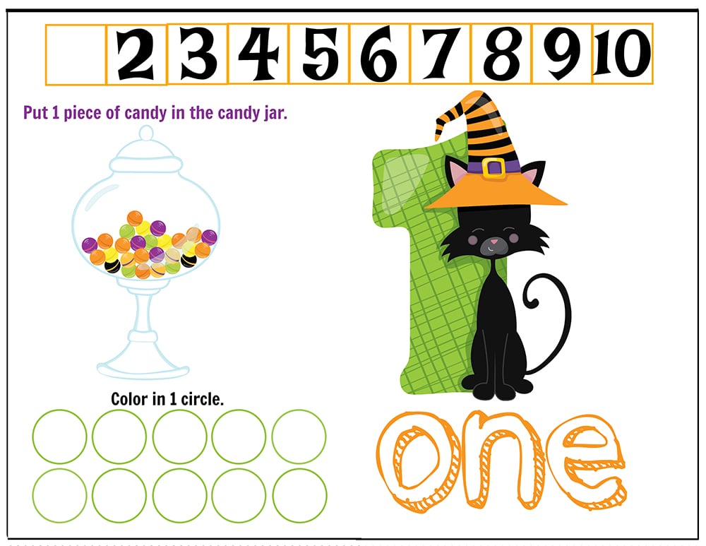 Free Printables Halloween Play Dough Counting Mats 1 to 10 for practice counting and number recognition activities. These Halloween-themed printable mats will keep kids busy for hours and make math more fun. Just print and laminate! Number 1