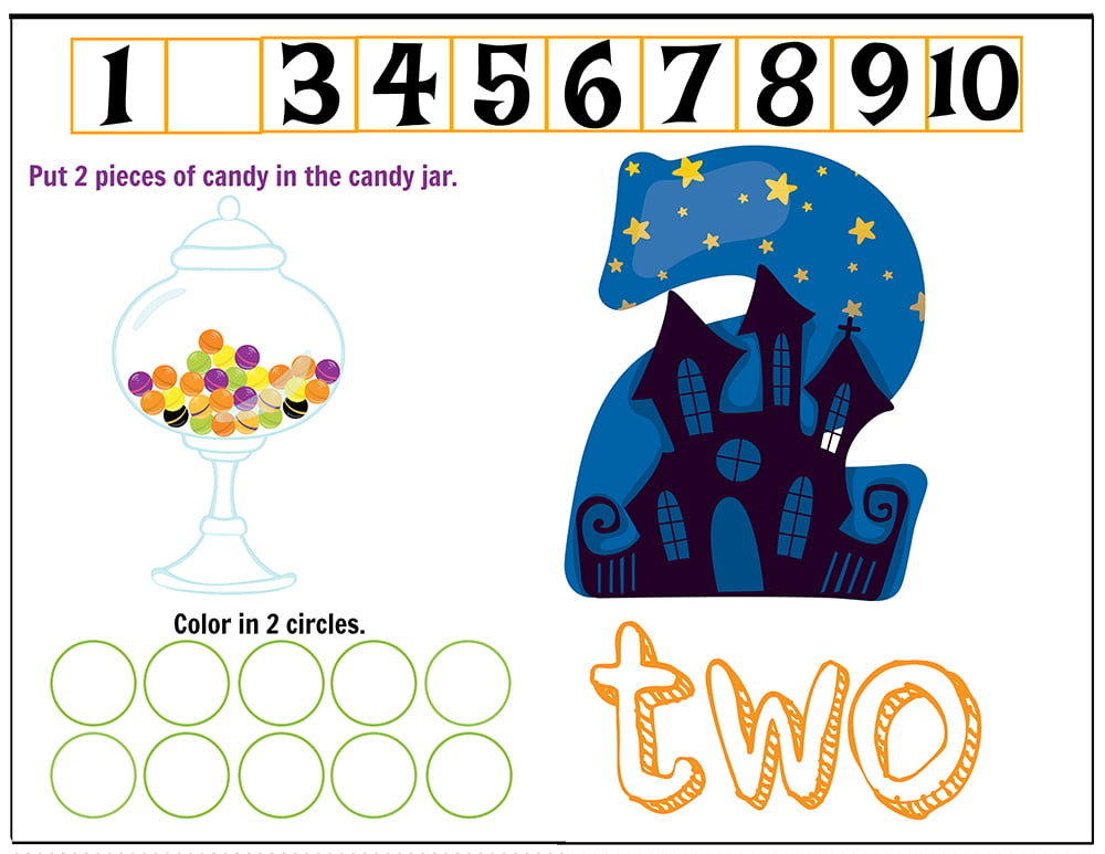 Free Printables Halloween Play Dough Counting Mats 1 to 10 for practice counting and number recognition activities. These Halloween-themed printable mats will keep kids busy for hours and make math more fun. Just print and laminate! Number 2