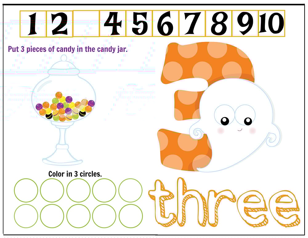 Free Printables Halloween Play Dough Counting Mats 1 to 10 for practice counting and number recognition activities. These Halloween-themed printable mats will keep kids busy for hours and make math more fun. Just print and laminate! Number 3