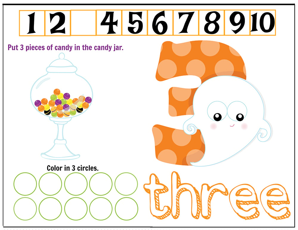 Free Printables Halloween Play Dough Counting Mats 1 to 10 for practice counting and number recognition activities. These Halloween-themed printable mats will keep kids busy for hours and make math more fun. Just print and laminate! Number 3