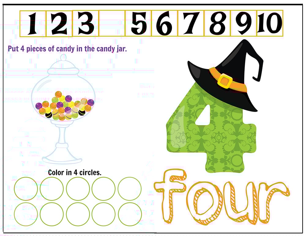Free Printables Halloween Play Dough Counting Mats 1 to 10 for practice counting and number recognition activities. These Halloween-themed printable mats will keep kids busy for hours and make math more fun. Just print and laminate! Number 4