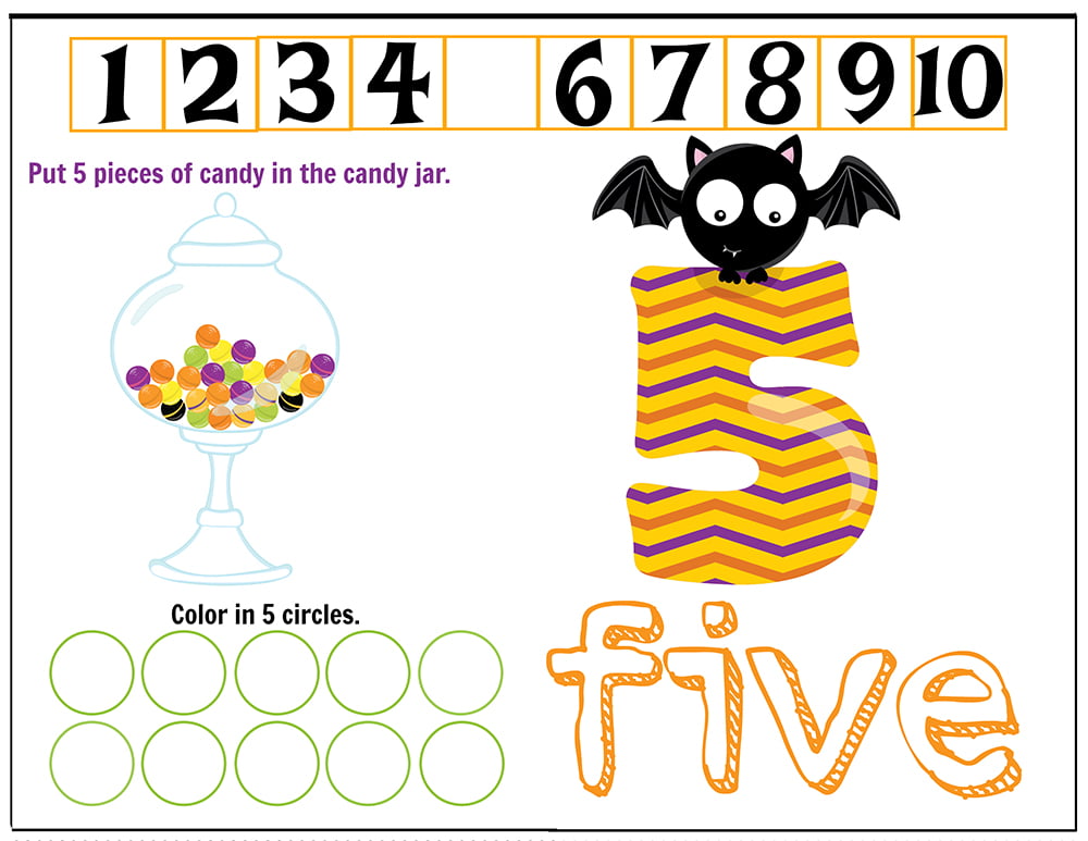 Free Printables Halloween Play Dough Counting Mats 1 to 10 for practice counting and number recognition activities. These Halloween-themed printable mats will keep kids busy for hours and make math more fun. Just print and laminate! Number 5