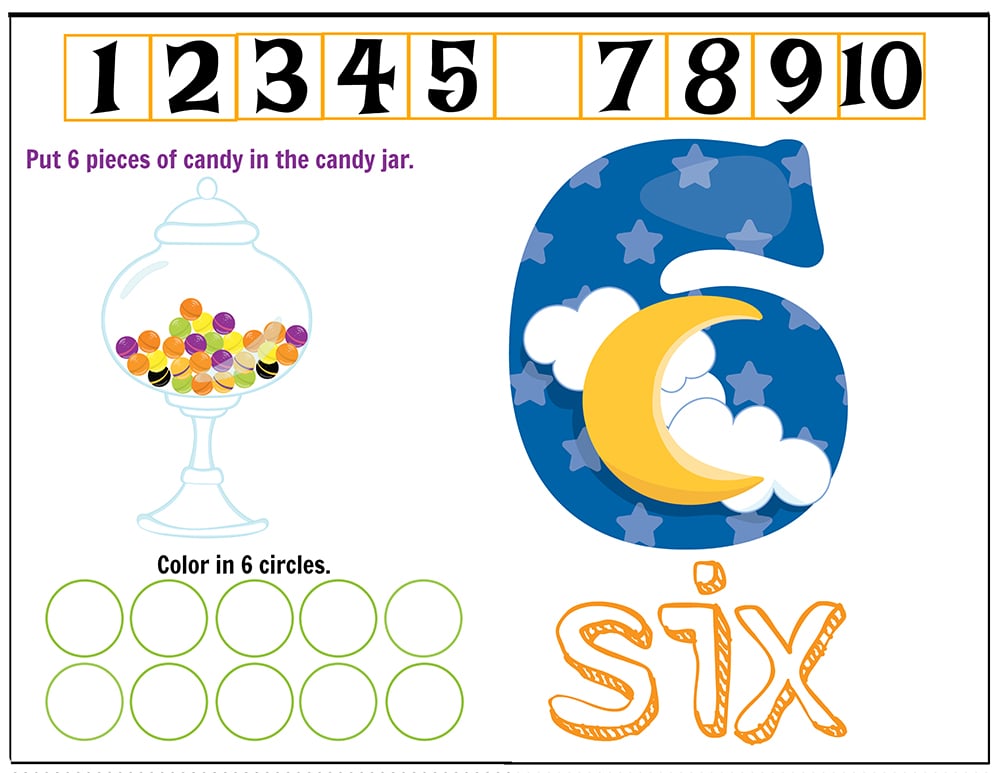 Free Printables Halloween Play Dough Counting Mats 1 to 10 for practice counting and number recognition activities. These Halloween-themed printable mats will keep kids busy for hours and make math more fun. Just print and laminate! Number 6