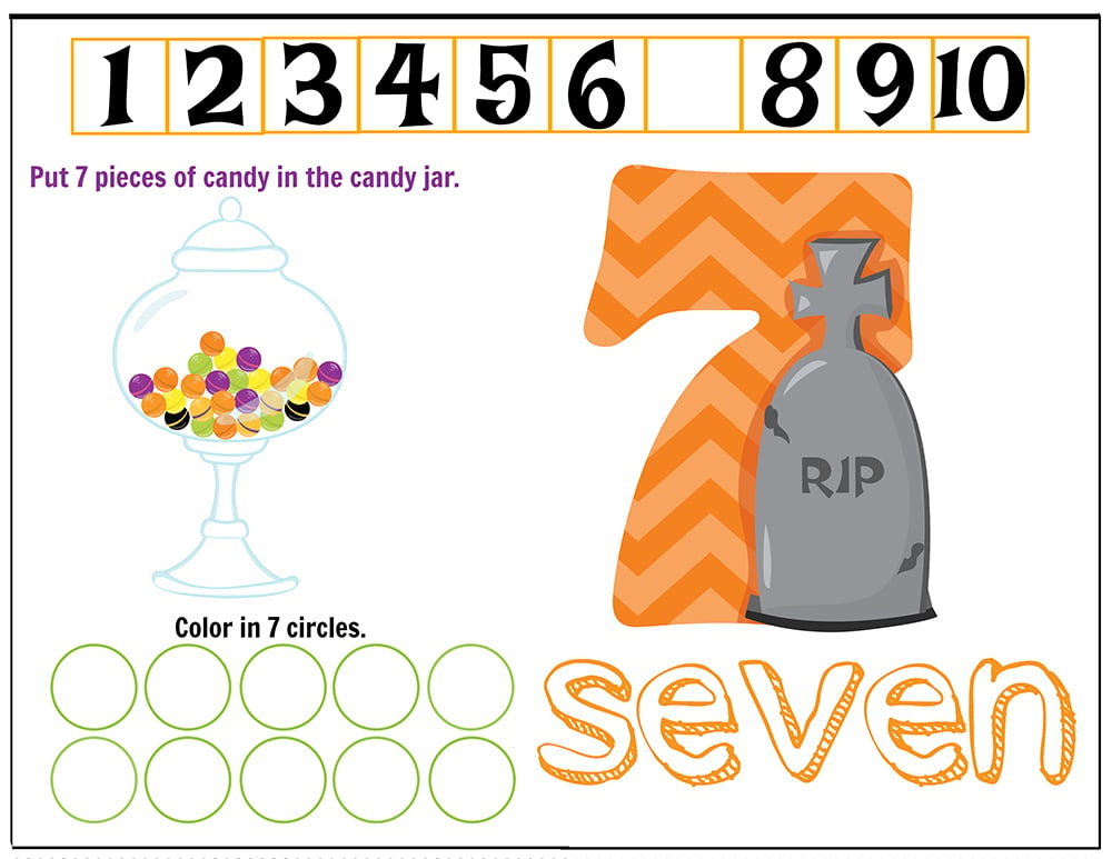 Free Printables Halloween Play Dough Counting Mats 1 to 10 for practice counting and number recognition activities. These Halloween-themed printable mats will keep kids busy for hours and make math more fun. Just print and laminate! Number 7