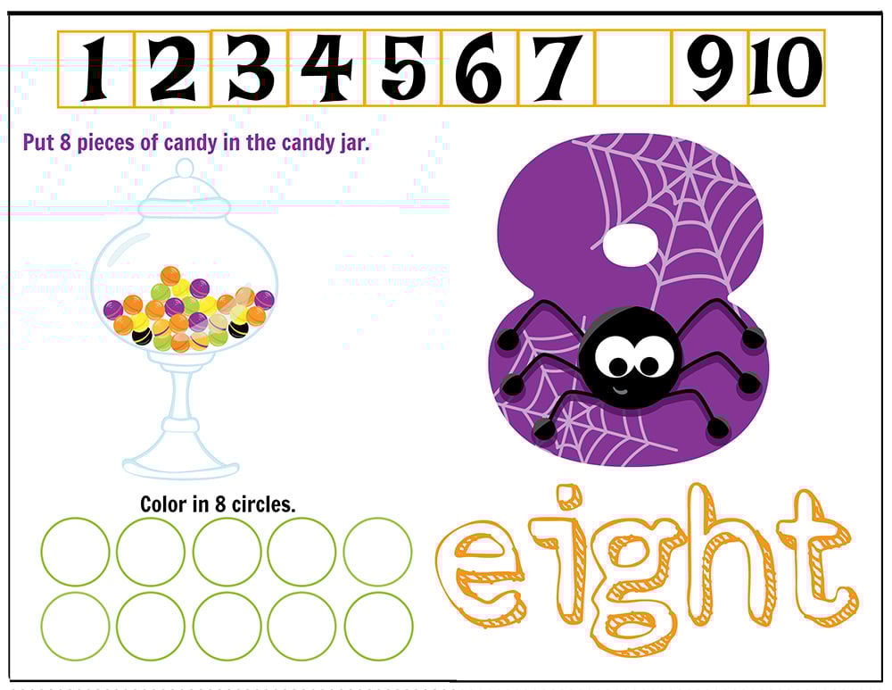 Free Printables Halloween Play Dough Counting Mats 1 to 10 for practice counting and number recognition activities. These Halloween-themed printable mats will keep kids busy for hours and make math more fun. Just print and laminate! Number 8