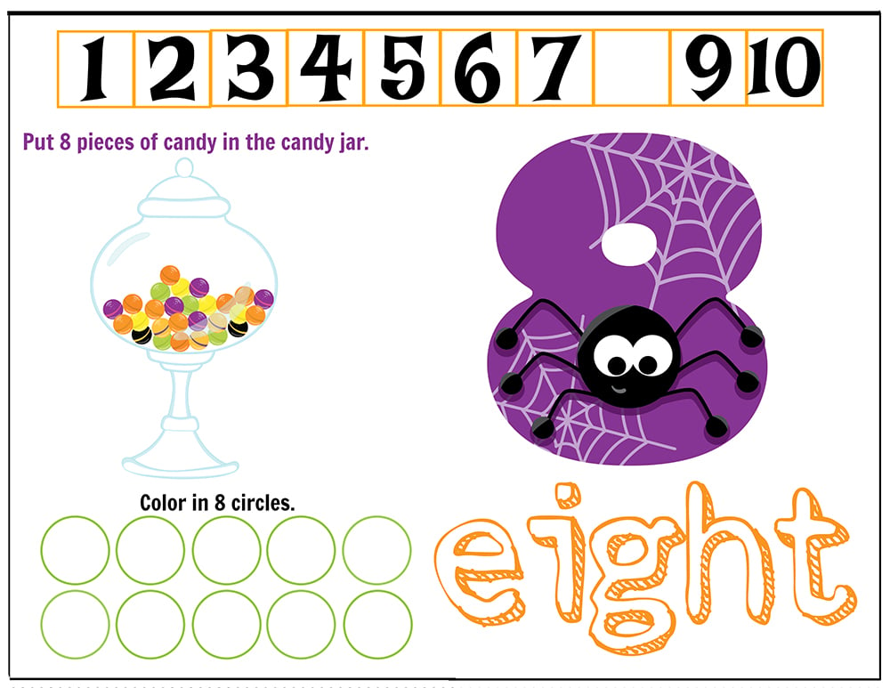 Free Printables Halloween Play Dough Counting Mats 1 to 10 for practice counting and number recognition activities. These Halloween-themed printable mats will keep kids busy for hours and make math more fun. Just print and laminate! Number 8