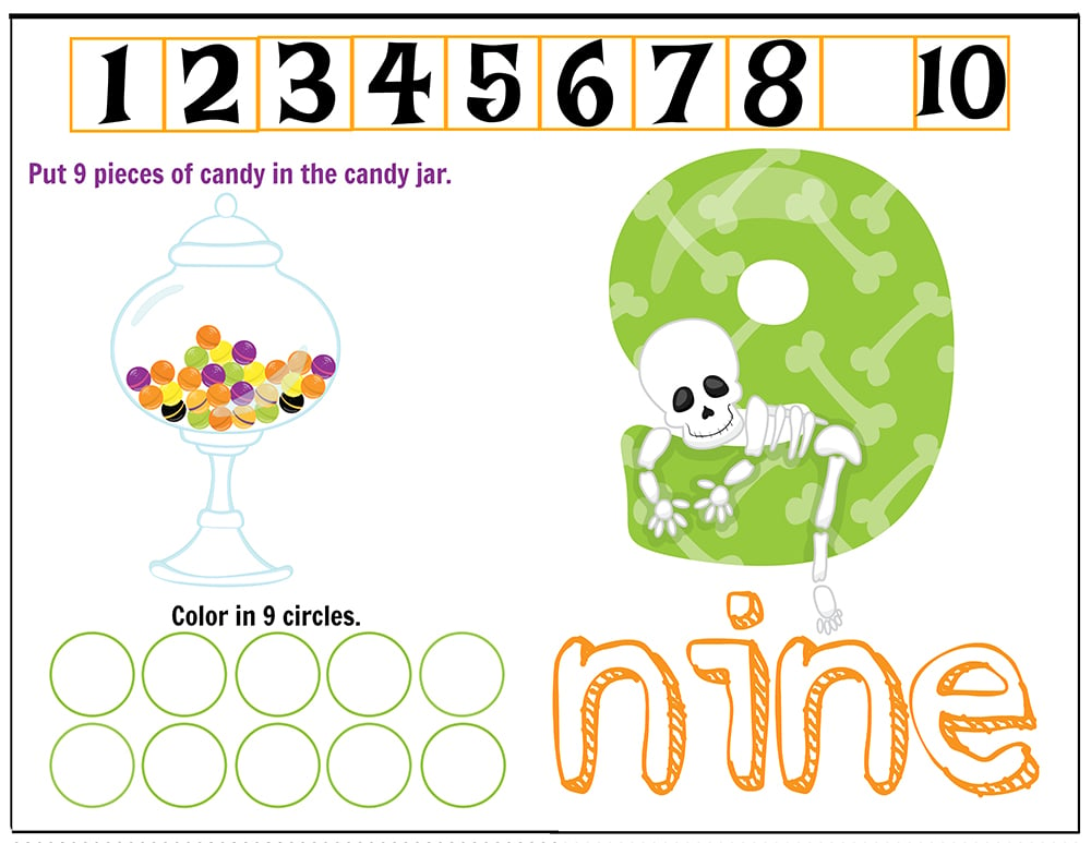 Free Printables Halloween Play Dough Counting Mats 1 to 10 for practice counting and number recognition activities. These Halloween-themed printable mats will keep kids busy for hours and make math more fun. Just print and laminate! Number 9