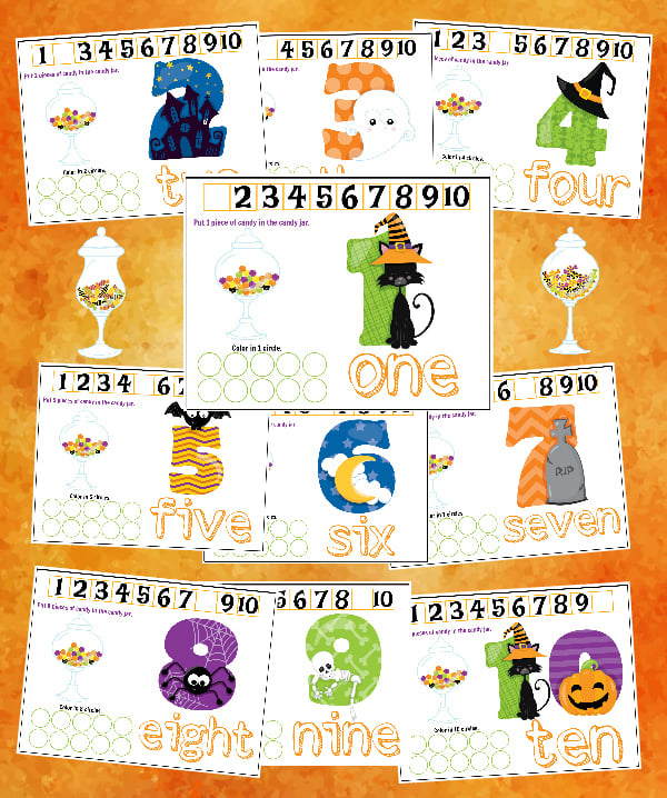Free Printables Halloween Play Dough Counting Mats 1 to 10 for practice counting and number recognition activities. These Halloween-themed printable mats will keep kids busy for hours and make math more fun. Just print and laminate!