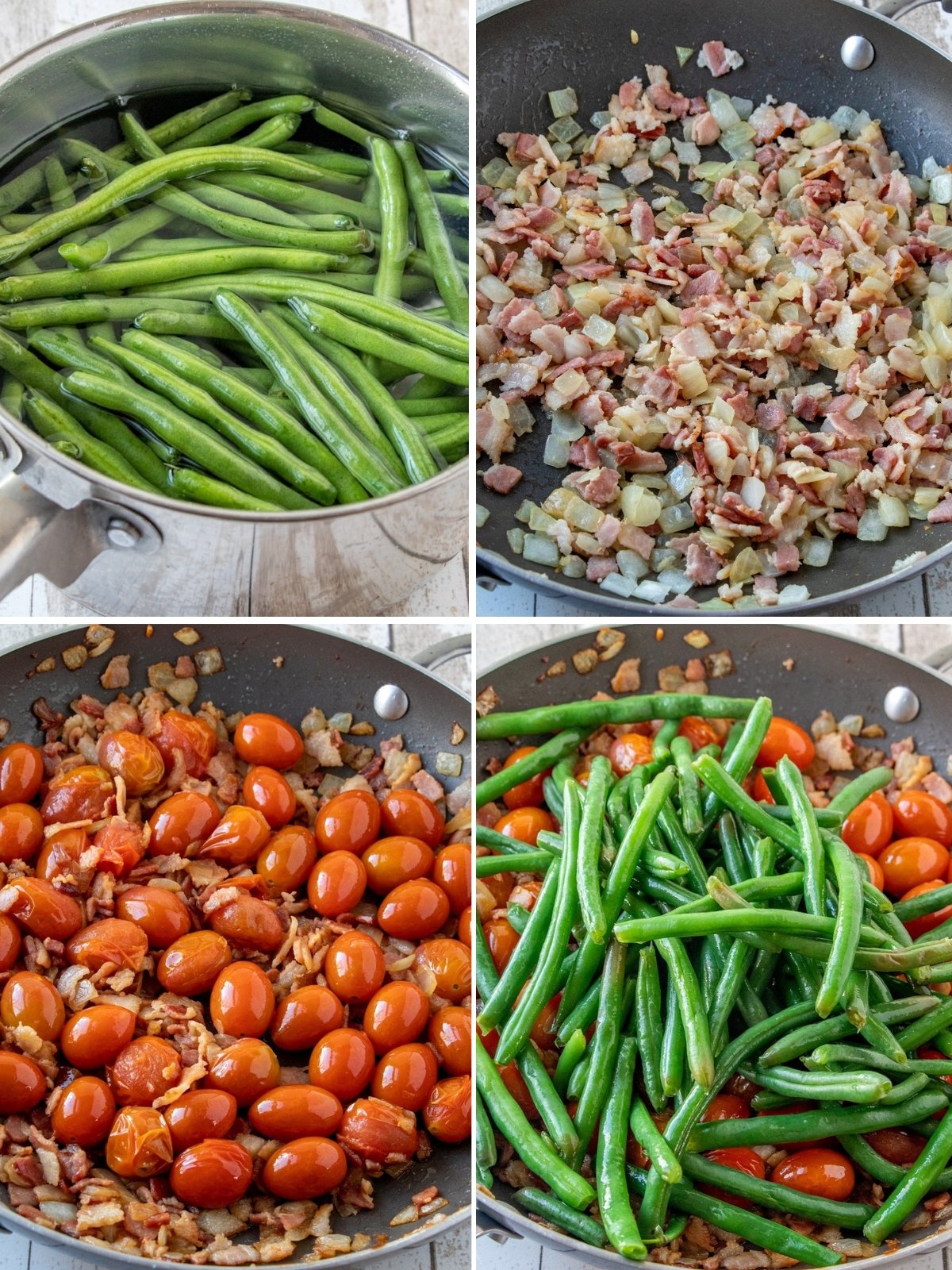 cooking sauteed green beans in a pan with bacon and tomatoes