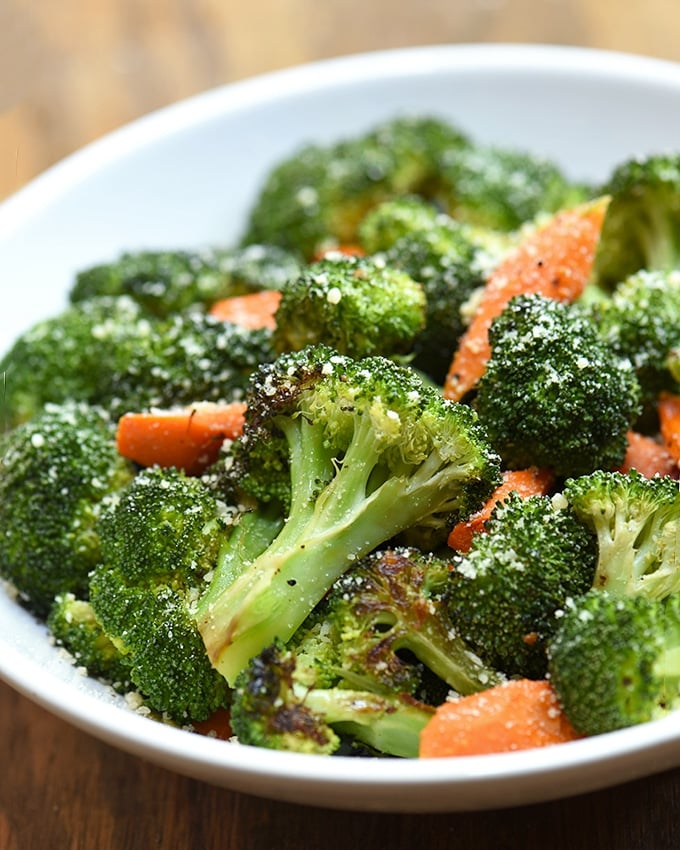 roasted broccoli and carrots on a serving plate