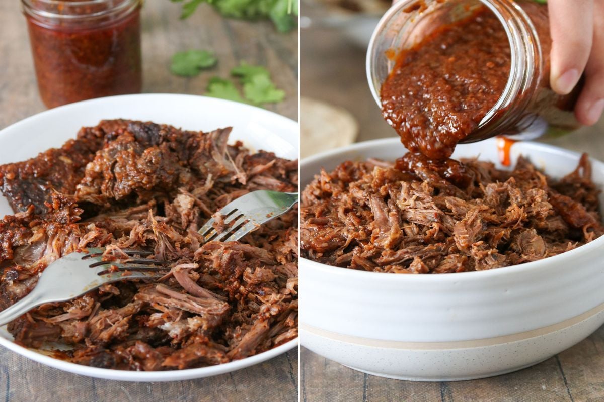 shredding beef barbacoa and adding sauce