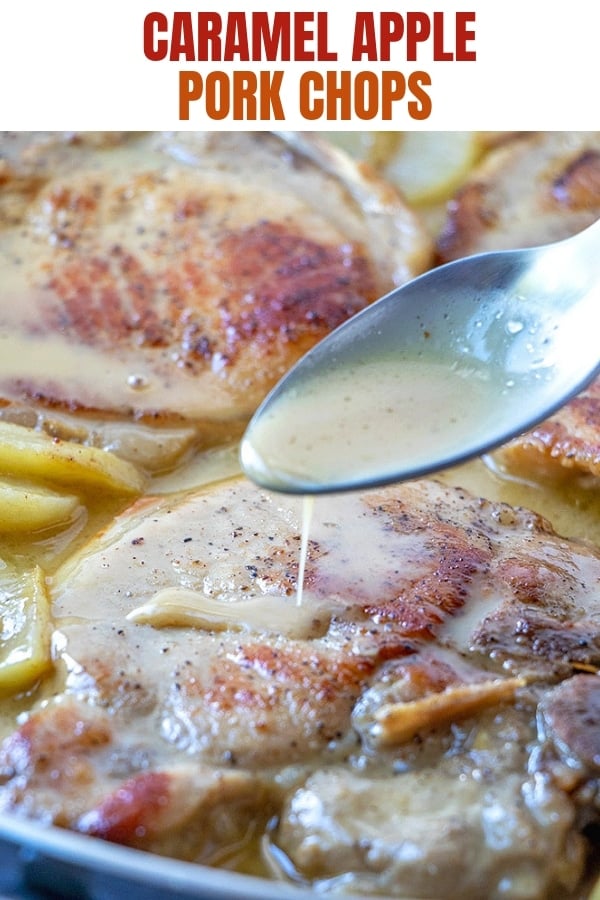 drizzling caramel sauce on baked pork chops with a spoon