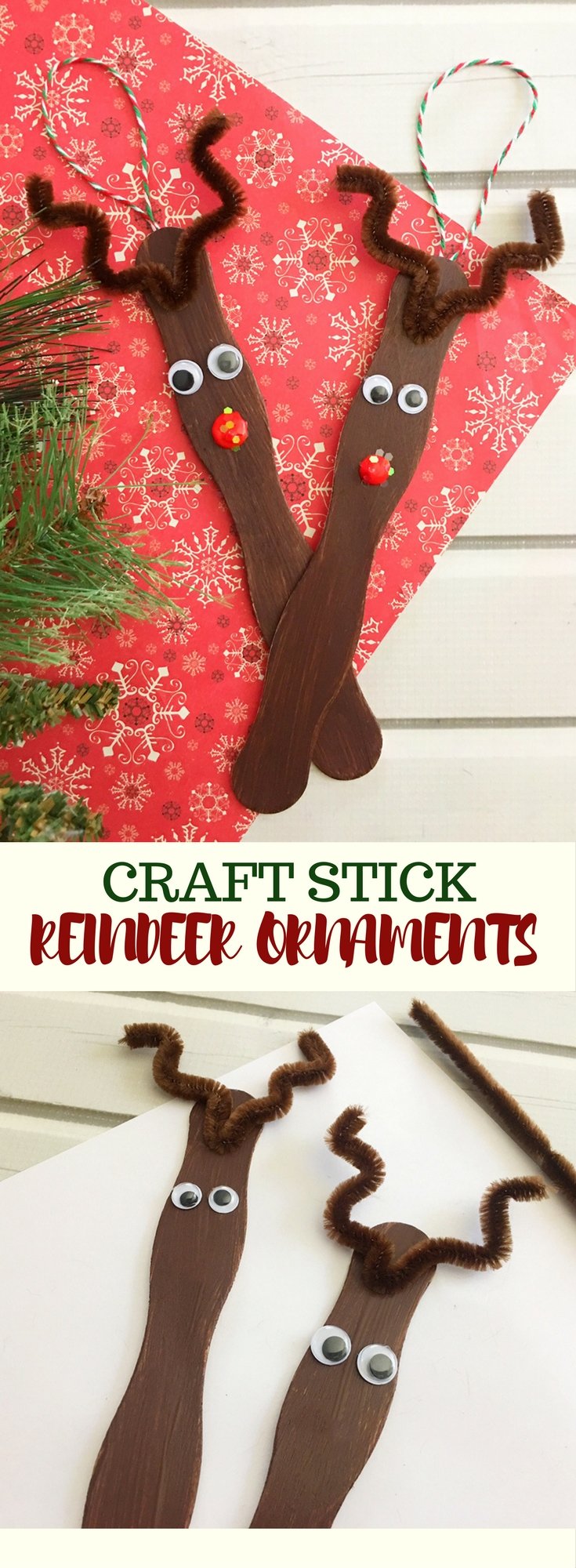 Craft Stick Reindeer Ornaments are an easy and fun Christmas craft to do with the whole family. Super adorable as tree decorations or gift package toppers!