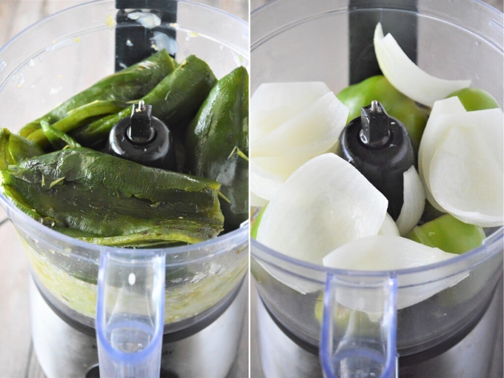 blending chili pasilla and tomatillo in a food processor