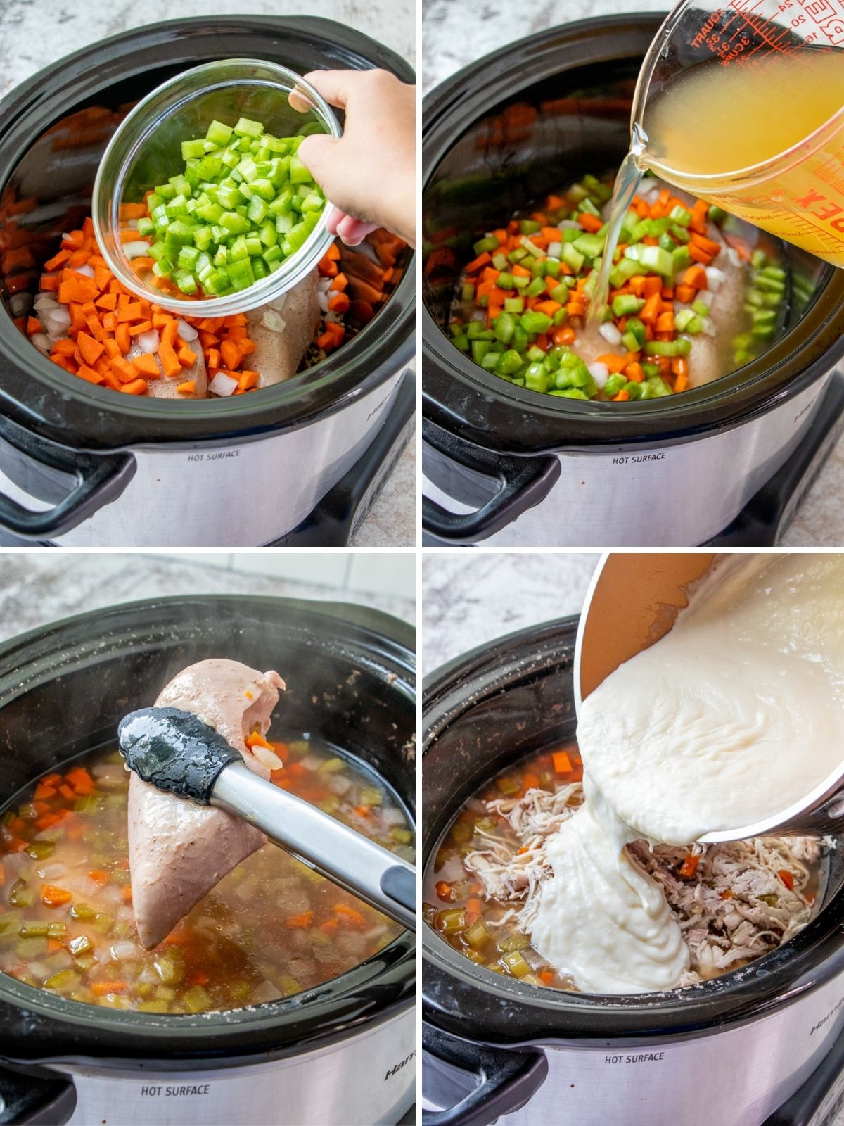 making soup with chicken and wild rice in a crockpot