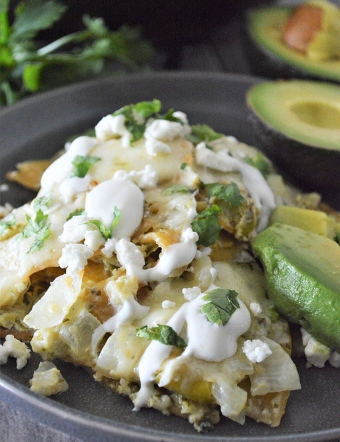 Chilaquiles with Salsa Verde topped with sour cream and chopped cilantro with avocado slices on the side on a plate
