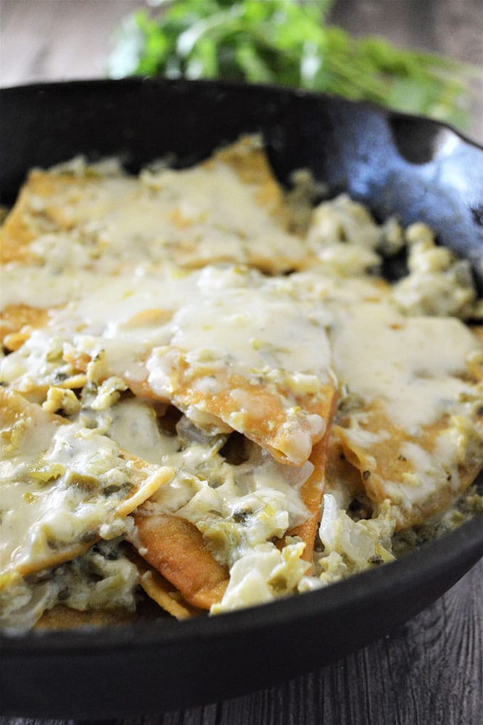 chilaquiles with salsa verde and cheese cooked in a cast iron skillet