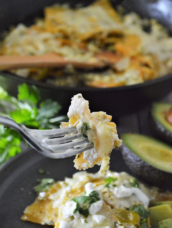 eating salsa verde chilaquiles with a fork