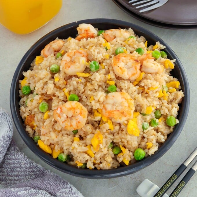 Shrimp Fried Rice in a black serving bowl