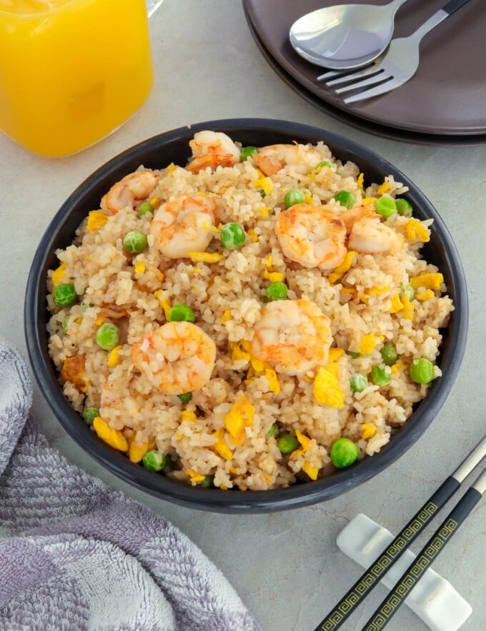 Shrimp Fried Rice in a black serving bowl