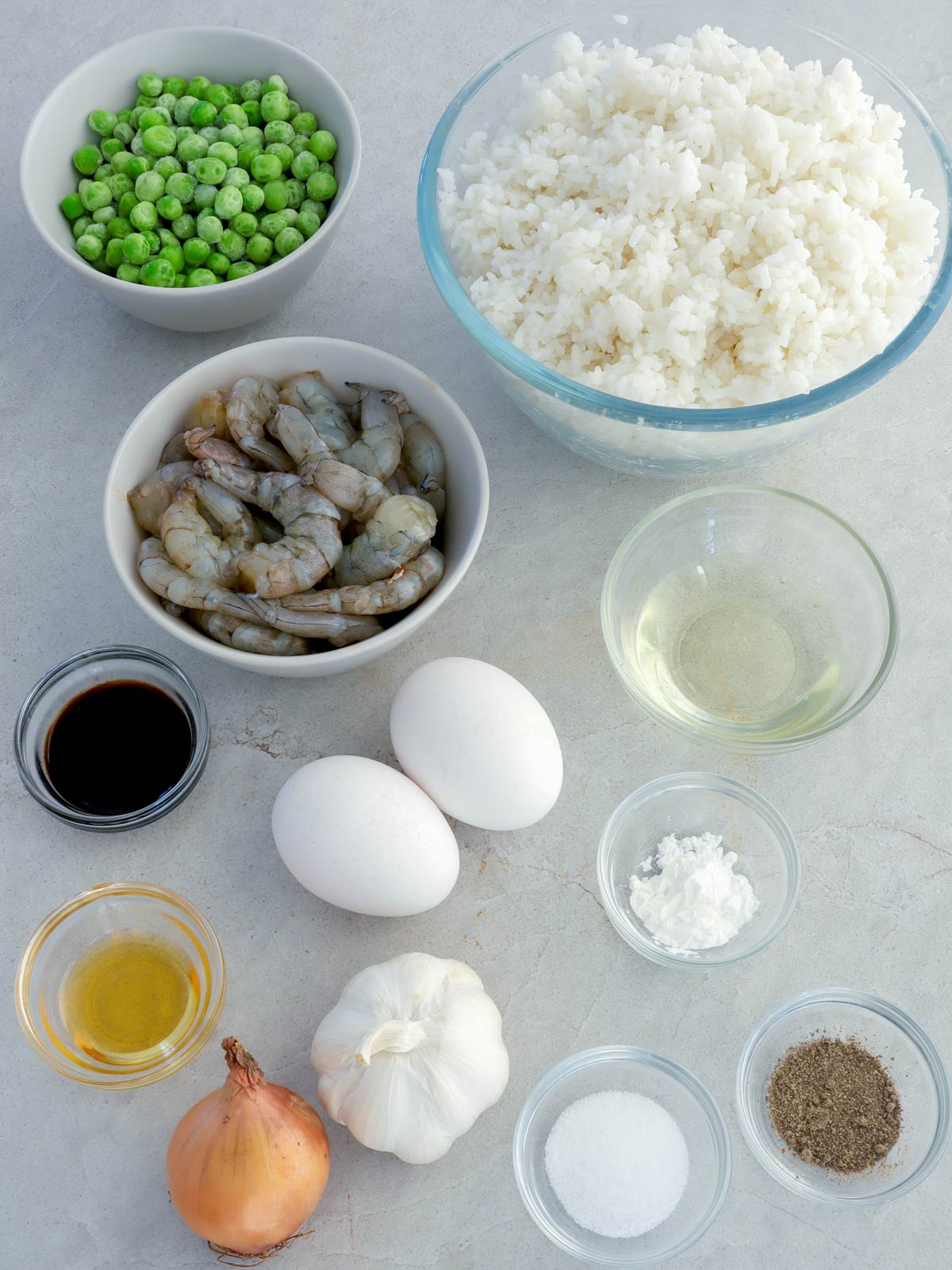 shrimp, green peas, eggs, cornstarch, onion, oil, steamed rice, salt, pepper, soy sauce