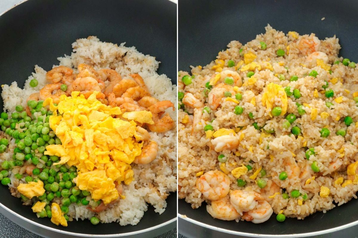 cooking fried rice with shrimp, green peas, and scrambled eggs in a pan