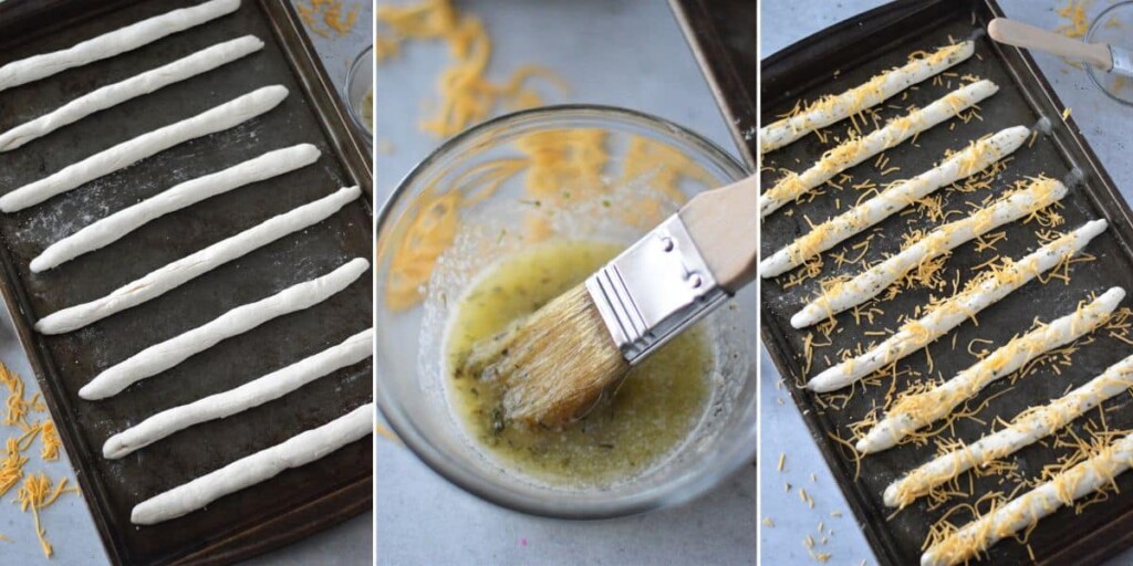 making Two-Ingredient Breadsticks on a baking pan.