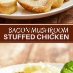 Bacon Mushroom Stuffed Chicken with crisp bacon bits, tender mushrooms, and gooey cheese. Moist and flavorful, it's easy enough to make for busy weeknight dinners yet fancy enough for company.